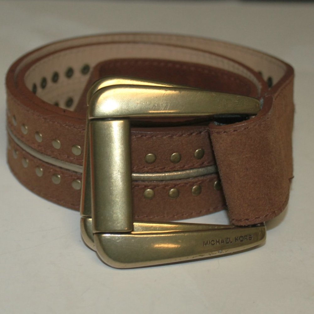 Michael Kors Suede Double Grommet Studded Embossed Brass Buckle Belt